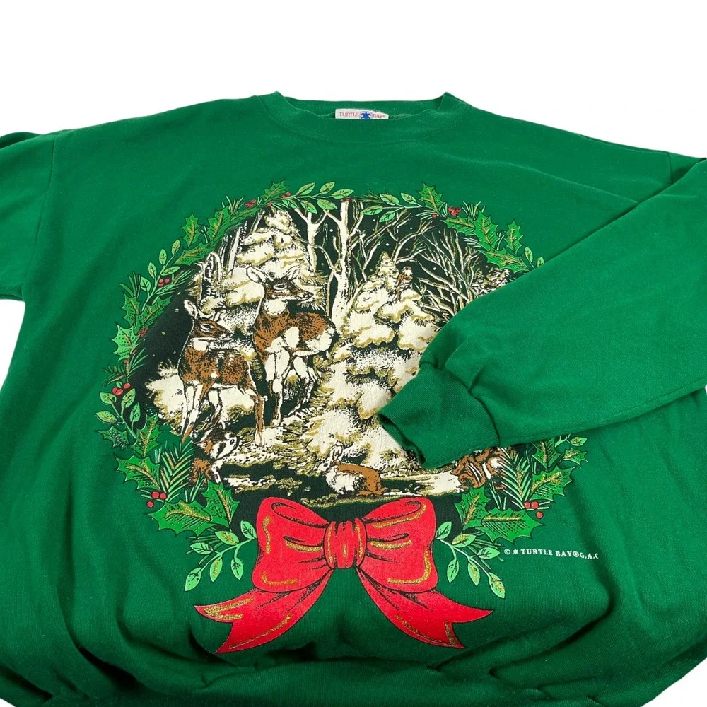 Vintage Painted Christmas Sweatshirt Sz L Turtle Bay Sweater Green Winter Wreath